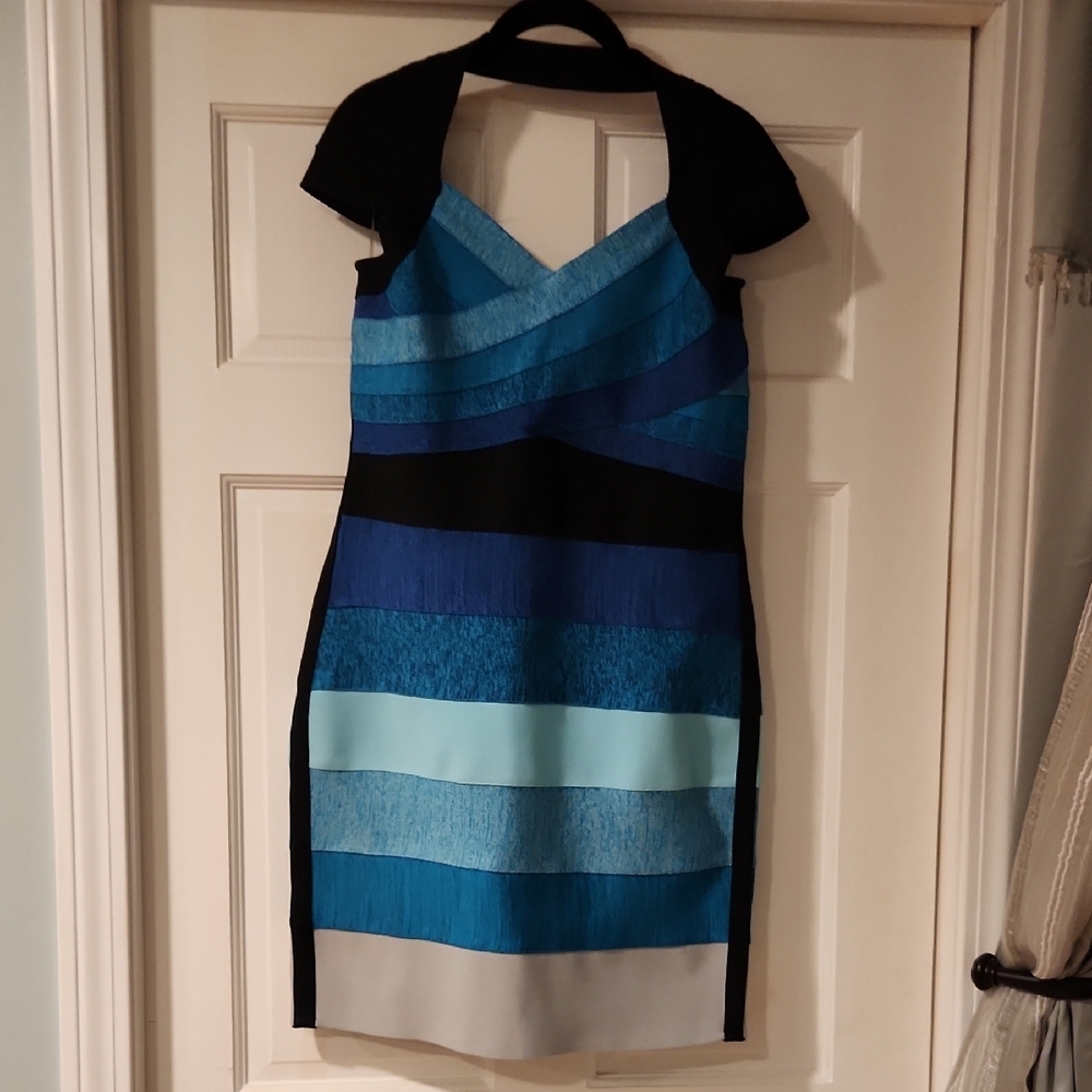 VENUS Blue Sheath Mini Dress Halter Cap Sleeve